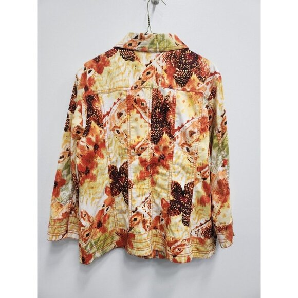 Chicos Womens Jacket Large Orange Yellow Floral Collared Full Zip Lightweight - Picture 6 of 7